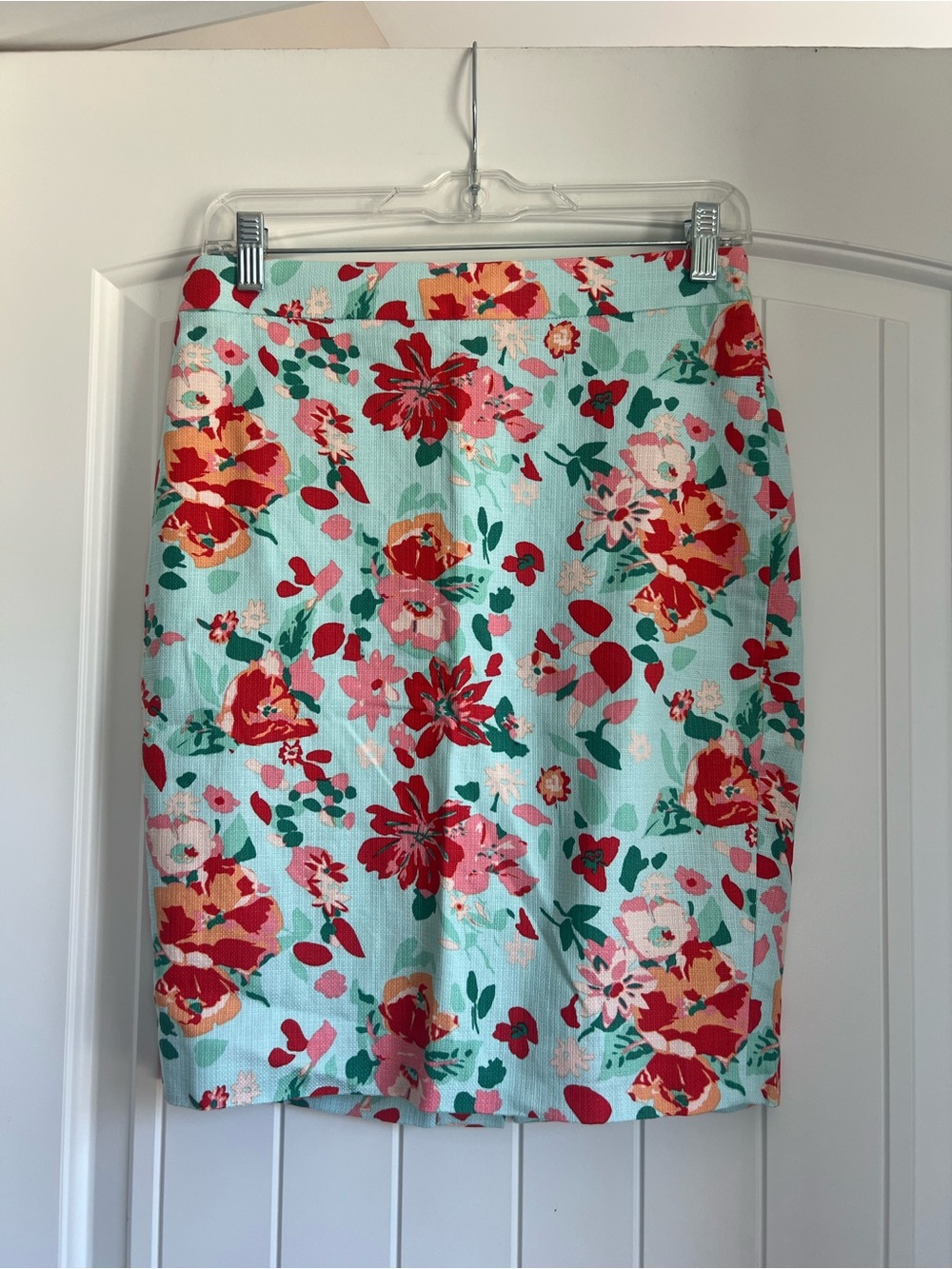 J. Crew Floral Pencil Skirt in Aqua with Red & Pink Blooms
